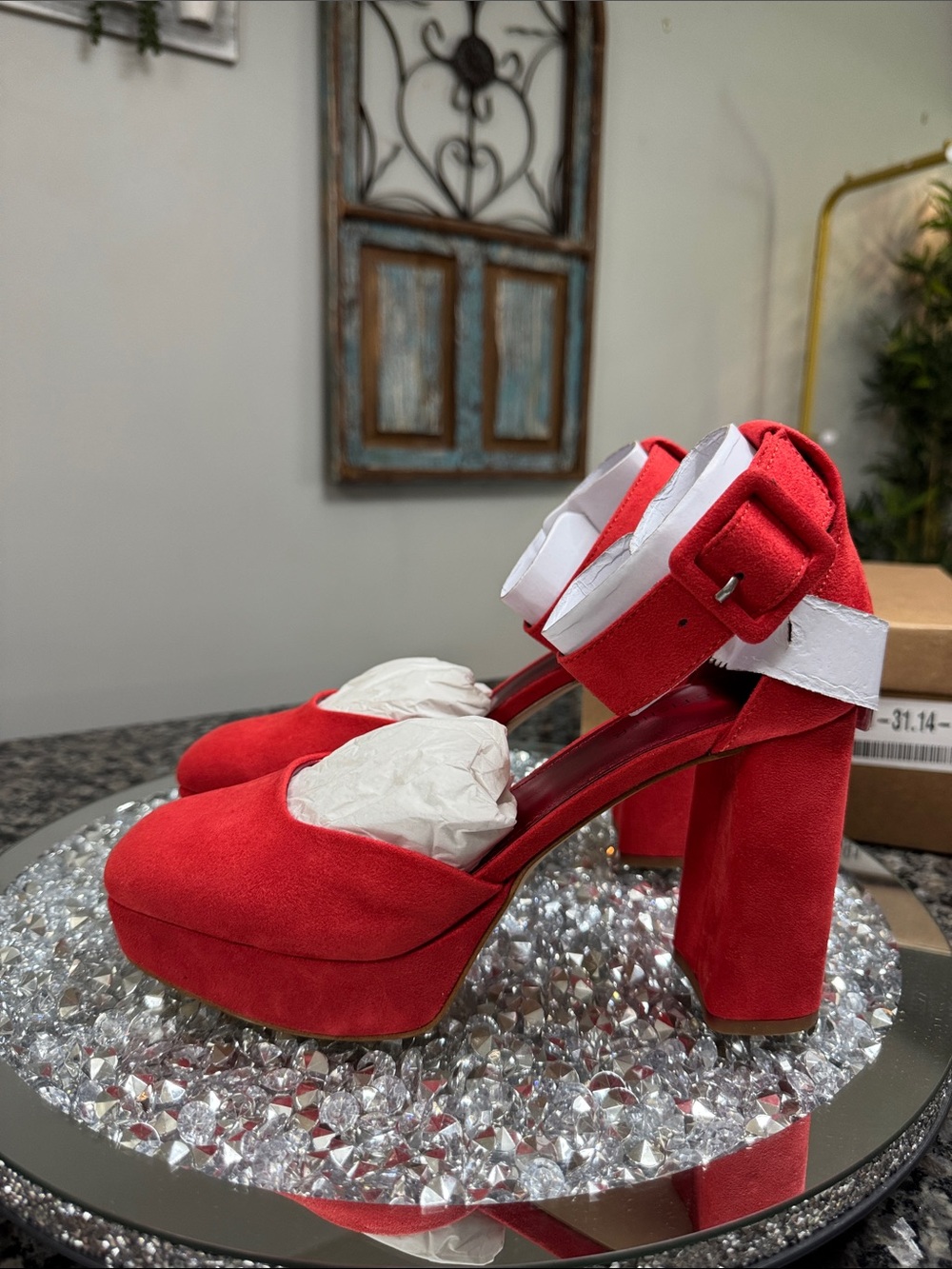 Marc Fisher Red Platform Block Heels with Ankle Strap NEW 8
